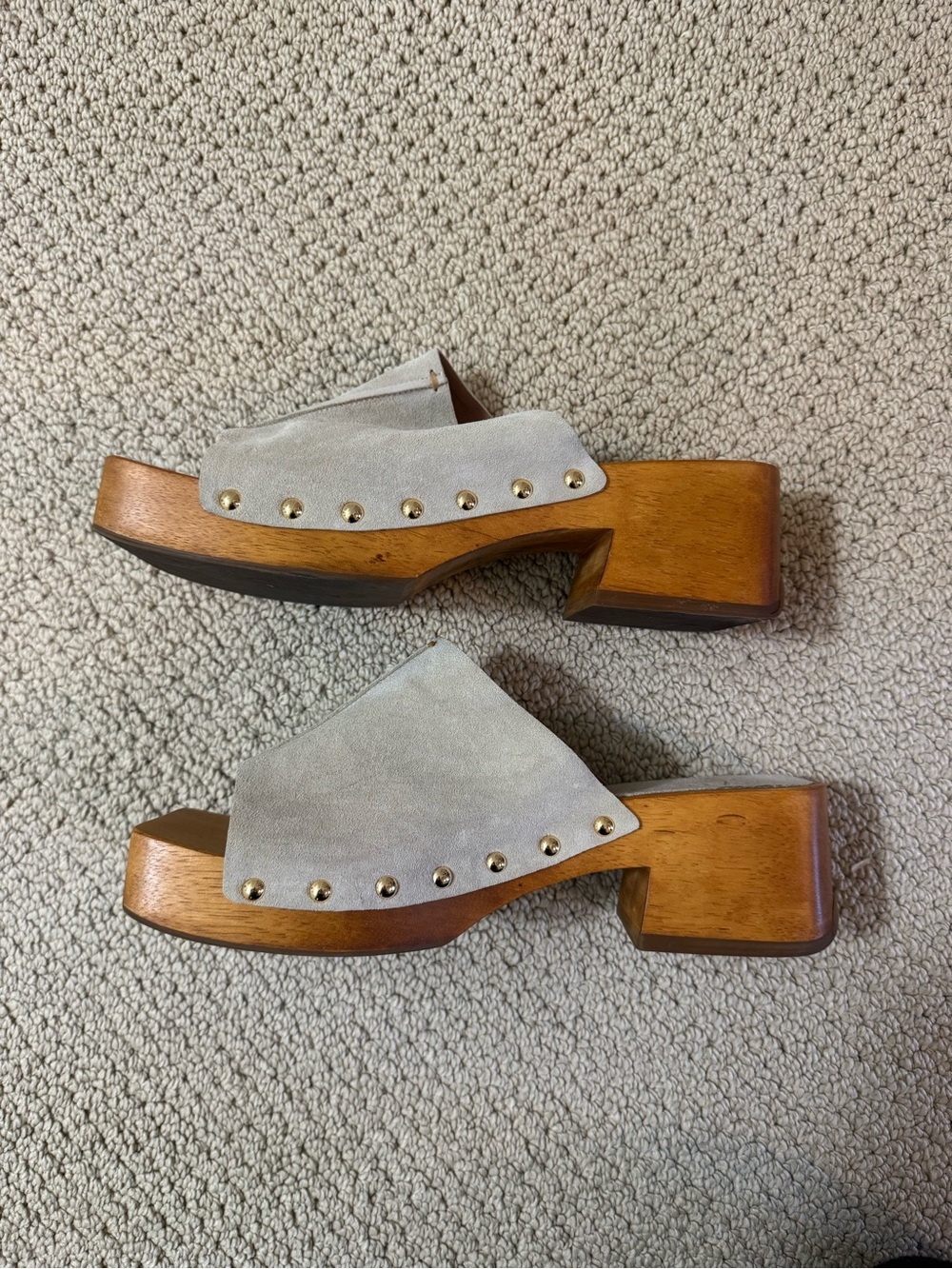 Gray Suede Stud-Trim Wooden Platform Clog Mules